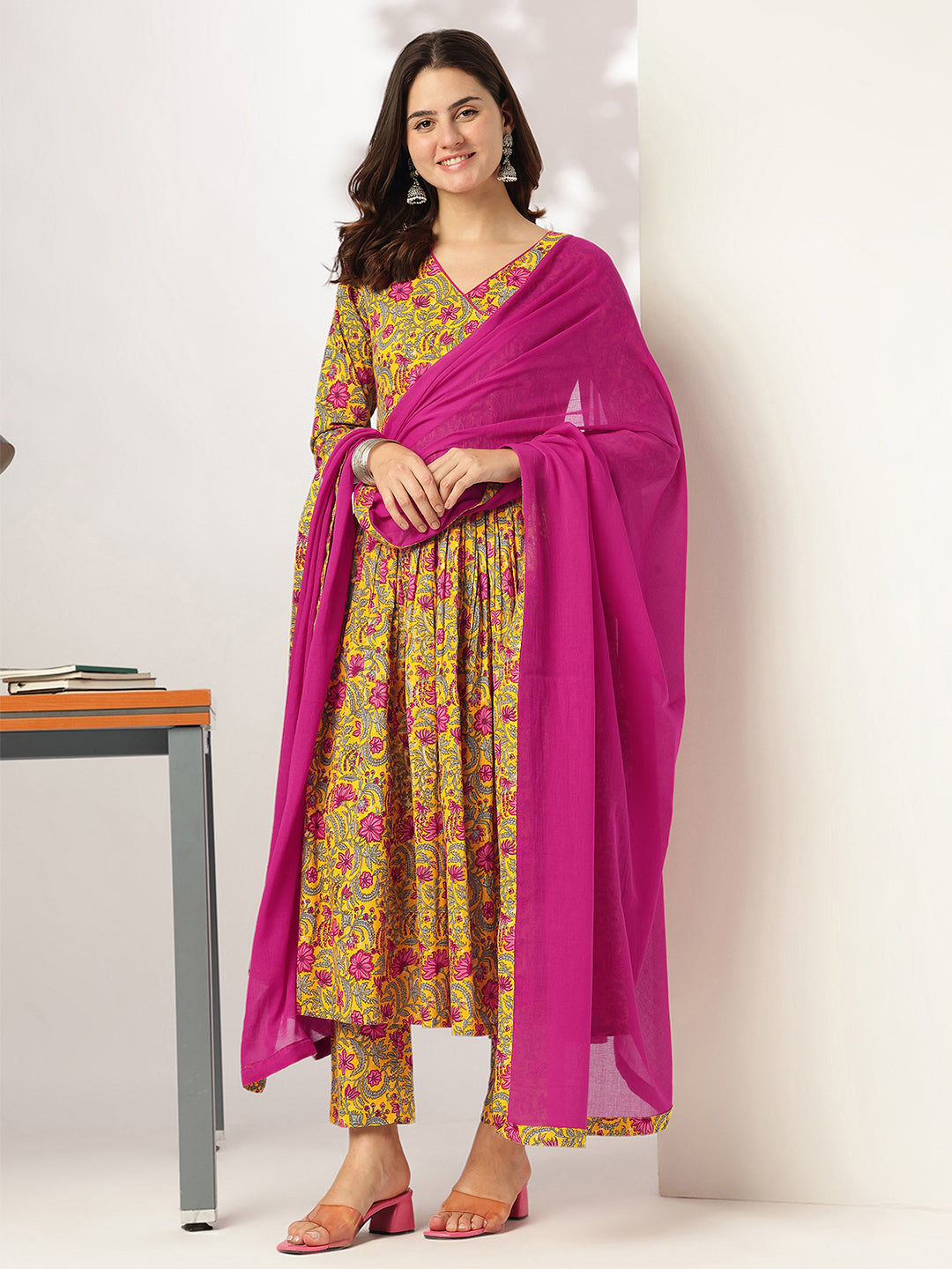 Yellow-Cotton--Floral-Printed-3-Piece-Kurta-Set