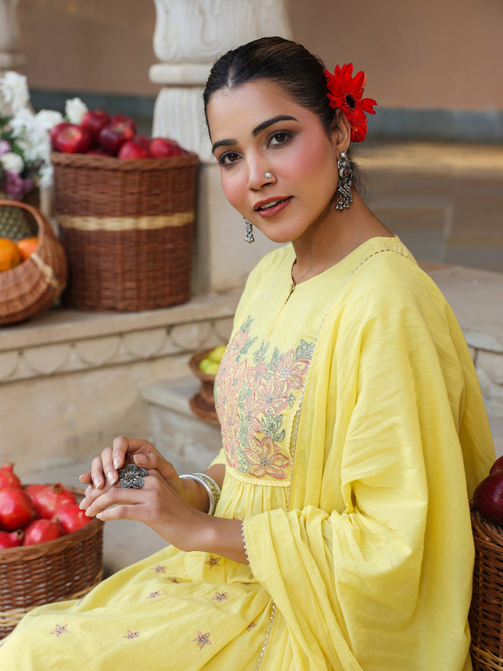Yellow-Cotton-A-Line-Embroidered-3-Piece-Kurta-Set