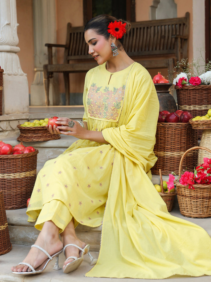 Yellow-Cotton-A-Line-Embroidered-3-Piece-Kurta-Set