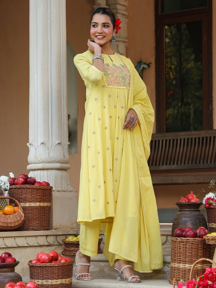 Yellow-Cotton-A-Line-Embroidered-3-Piece-Kurta-Set