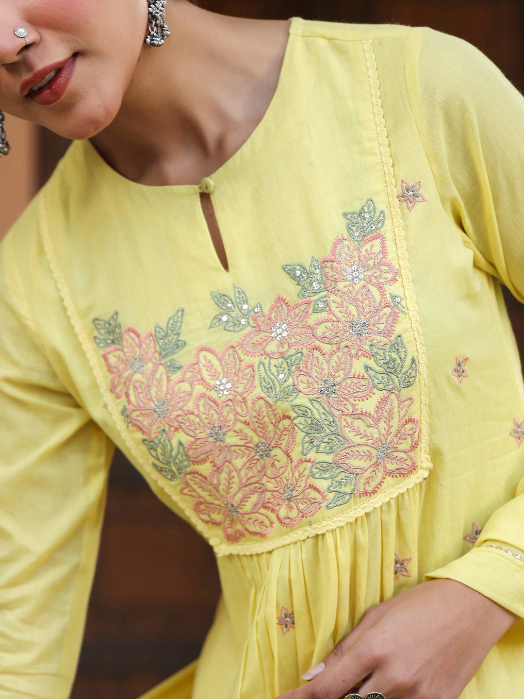 Yellow-Cotton-A-Line-Embroidered-3-Piece-Kurta-Set