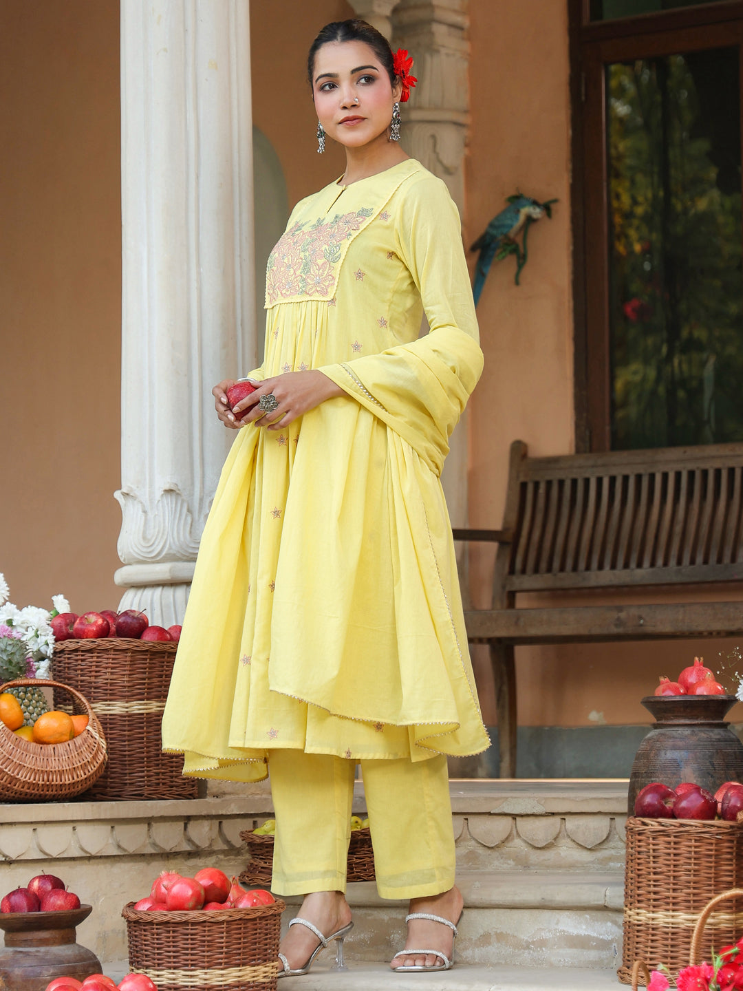 Yellow-Cotton-A-Line-Embroidered-3-Piece-Kurta-Set