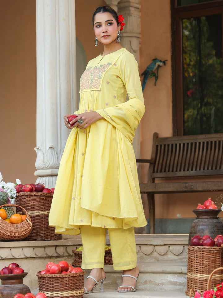 Yellow-Cotton-A-Line-Embroidered-3-Piece-Kurta-Set