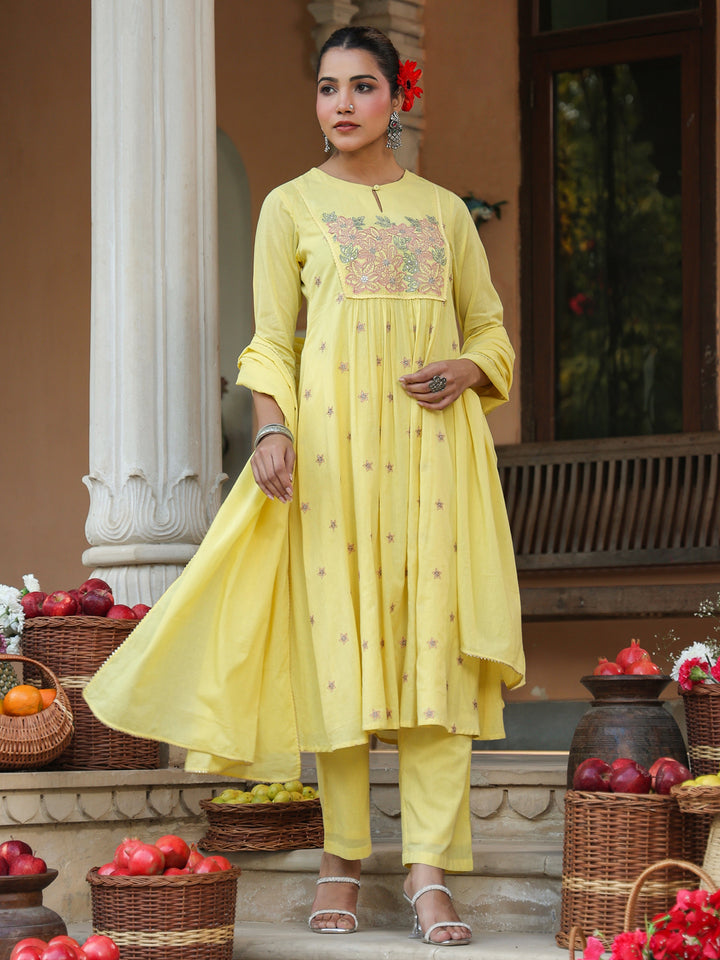 Yellow-Cotton-A-Line-Embroidered-3-Piece-Kurta-Set