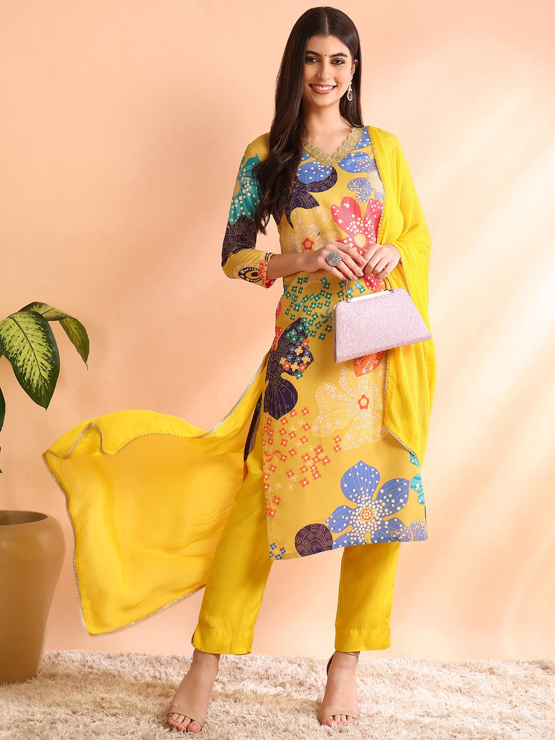 ZERESOUQ-Yellow-Cotton-Blend-Floral-Print-3-Piece-Kurta-Set