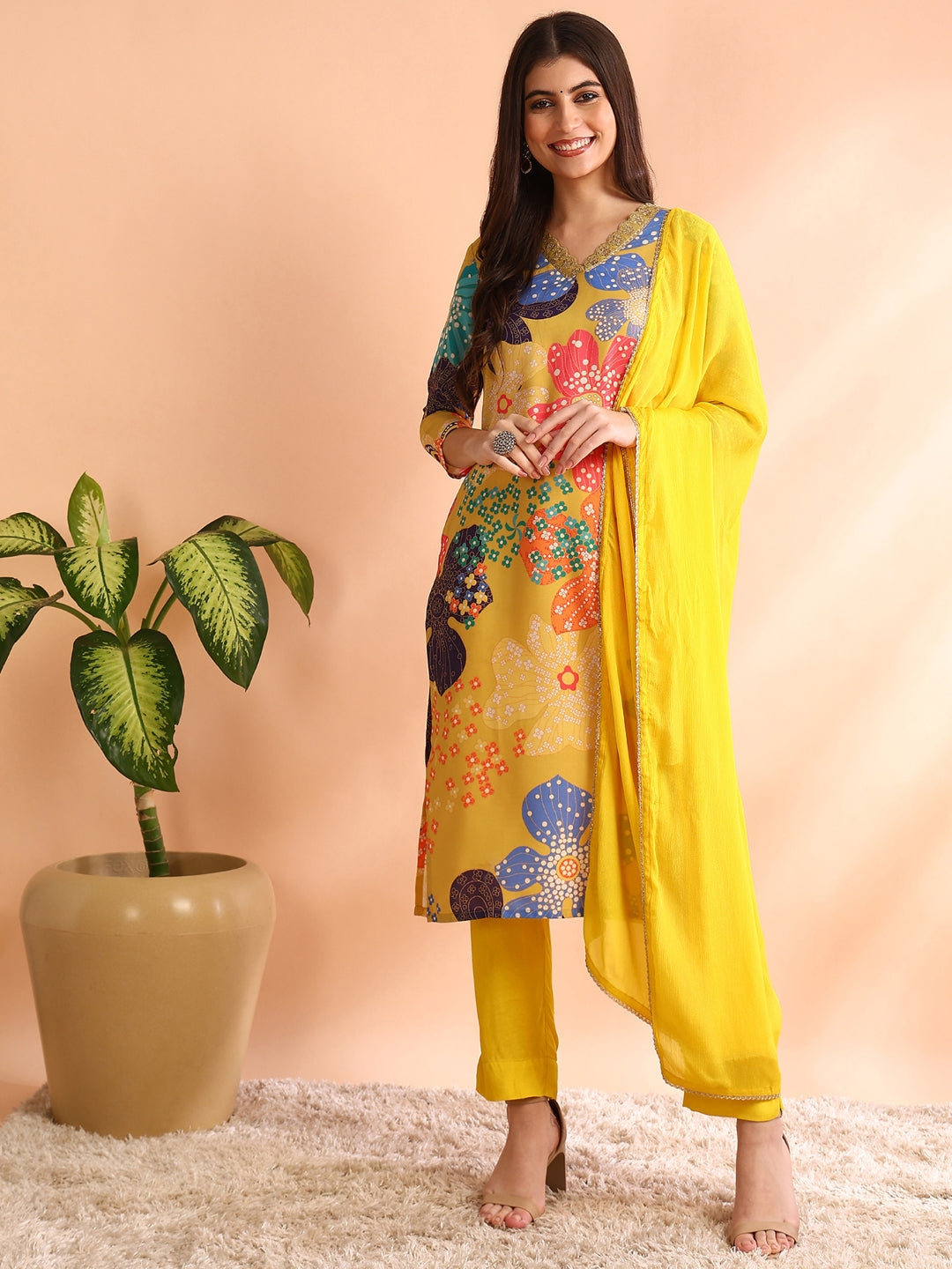 ZERESOUQ-Yellow-Cotton-Blend-Floral-Print-3-Piece-Kurta-Set