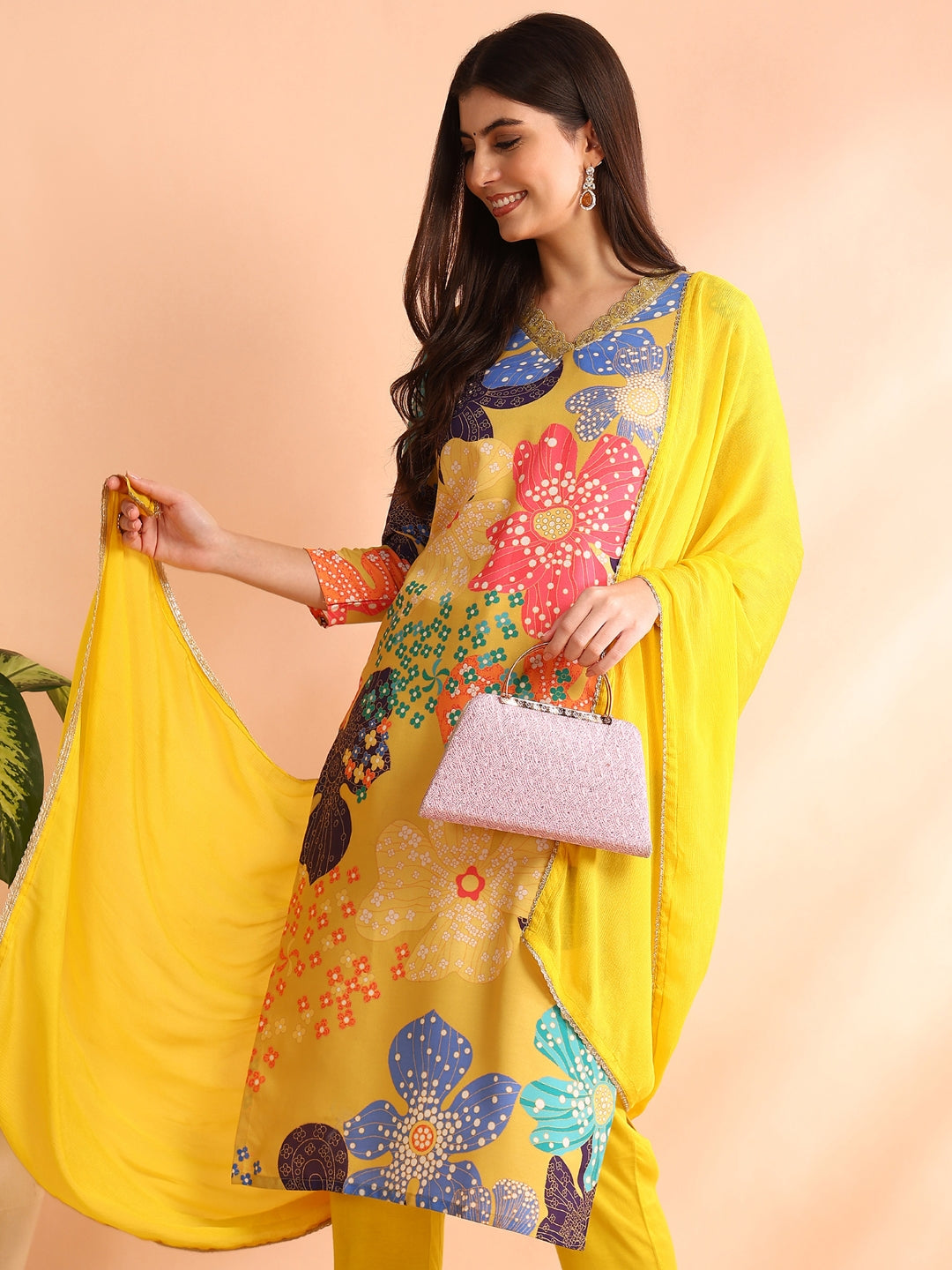 Yellow-Cotton-Blend-Floral-Print-3-Piece-Kurta-Set