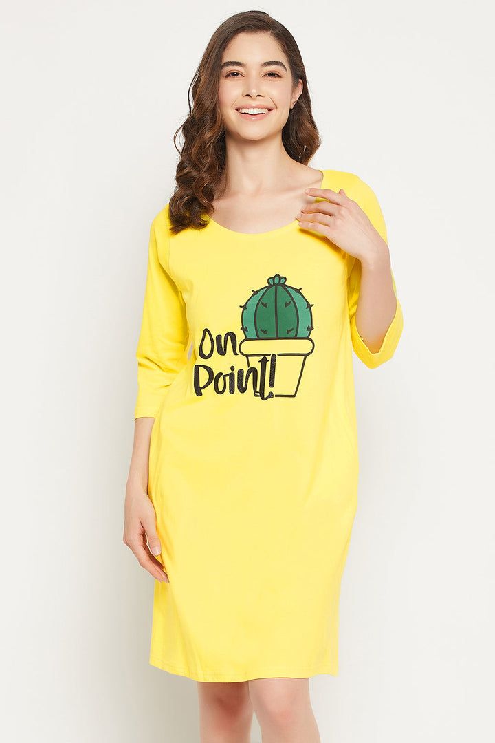 Yellow-Cotton-Cactus-Print-Short-Night-Dress