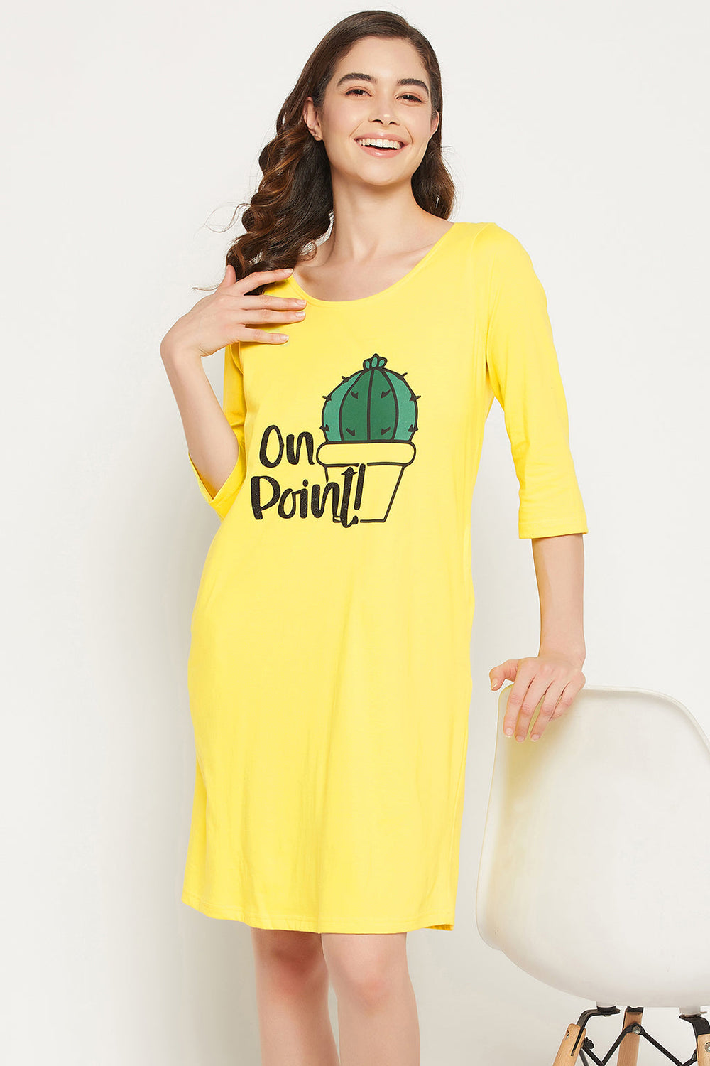 Yellow-Cotton-Cactus-Print-Short-Night-Dress