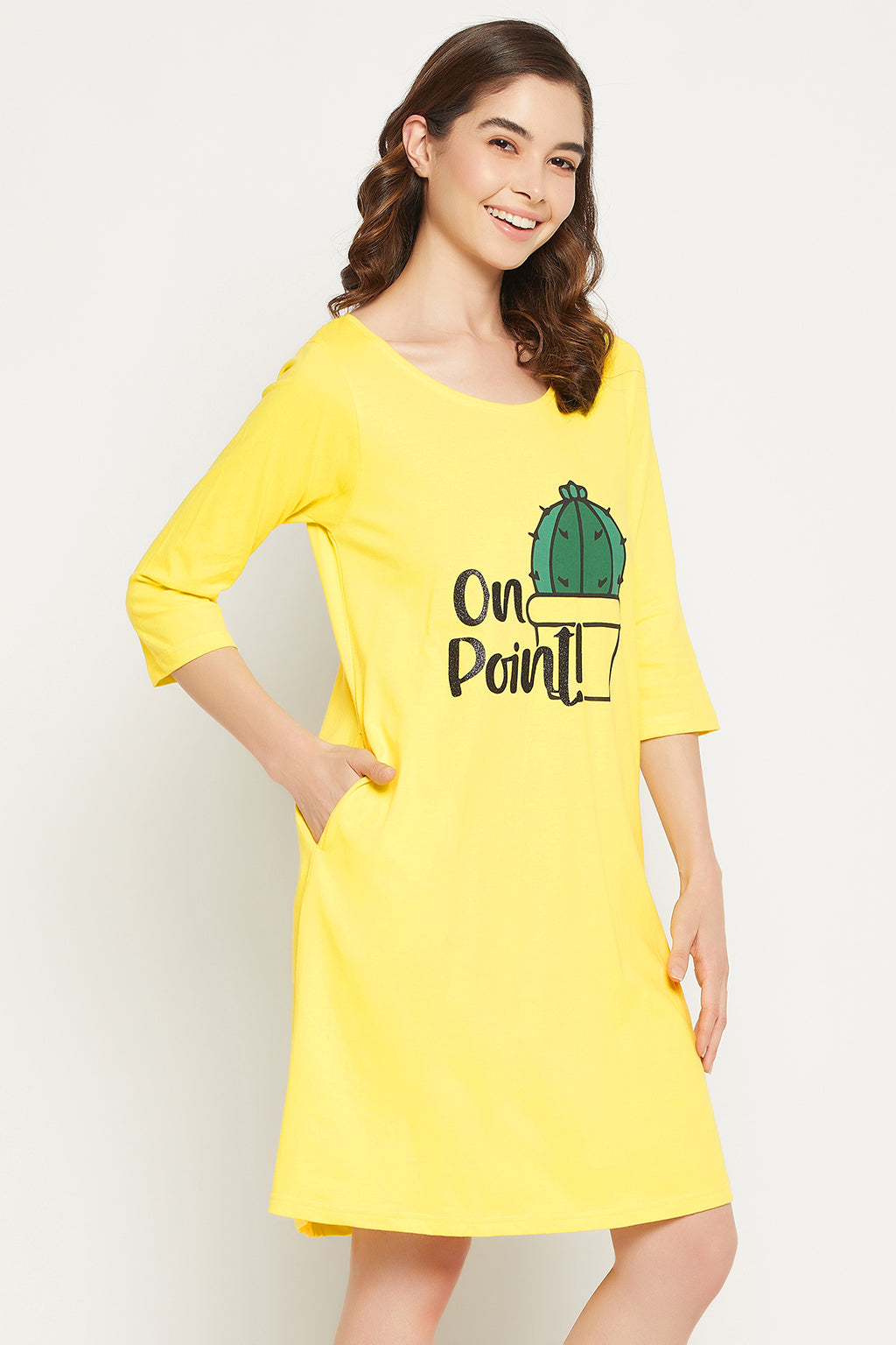 Yellow-Cotton-Cactus-Print-Short-Night-Dress