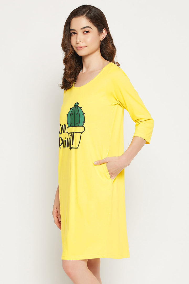 Yellow-Cotton-Cactus-Print-Short-Night-Dress