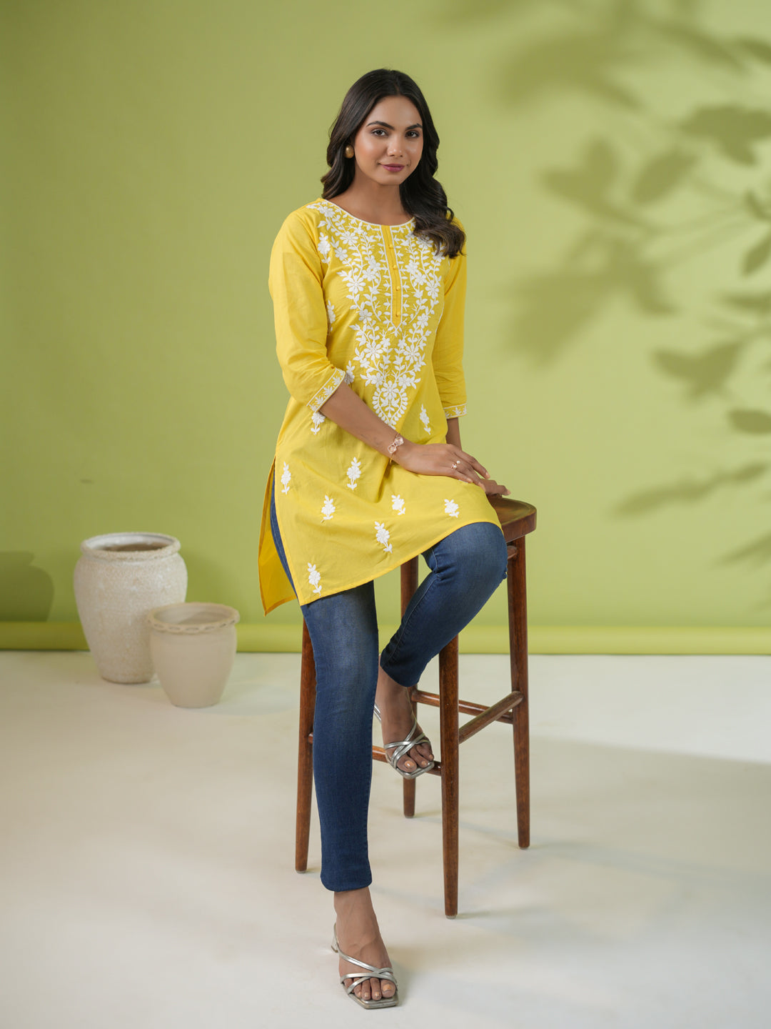 Yellow-Cotton-Cambric-Straight-Tunic