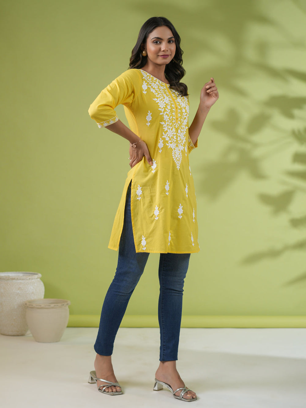 Yellow-Cotton-Cambric-Straight-Tunic