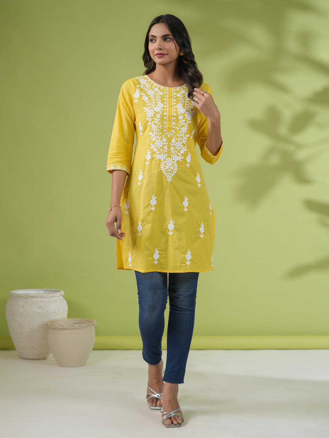 Yellow-Cotton-Cambric-Straight-Tunic