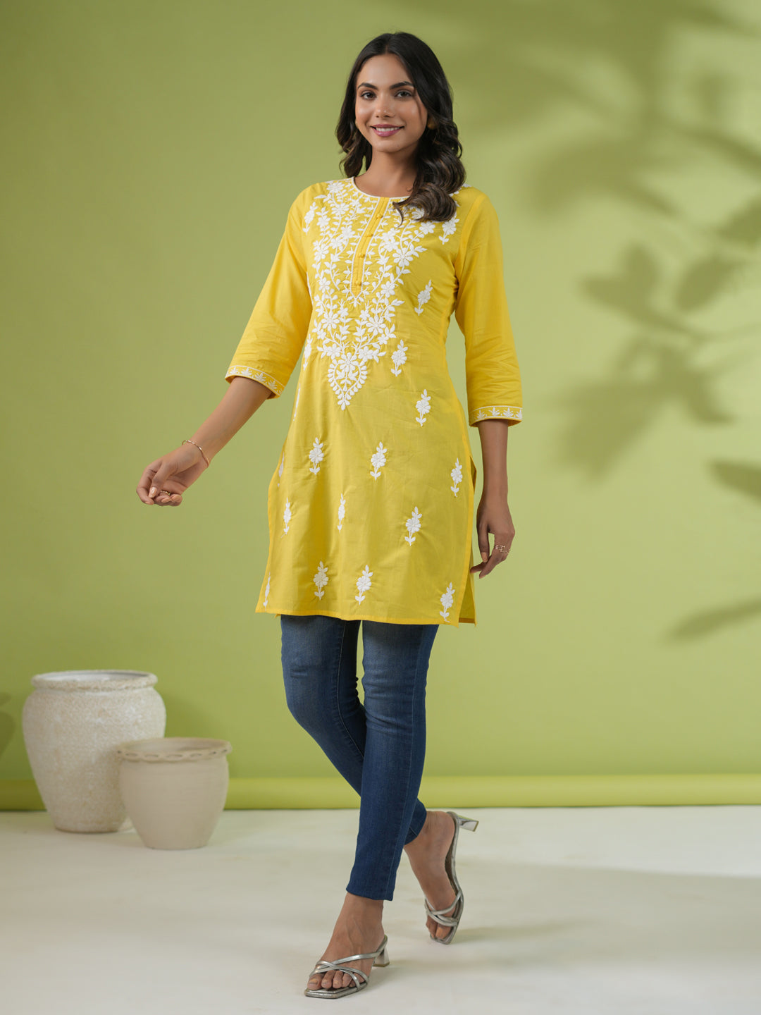 Yellow-Cotton-Cambric-Straight-Tunic