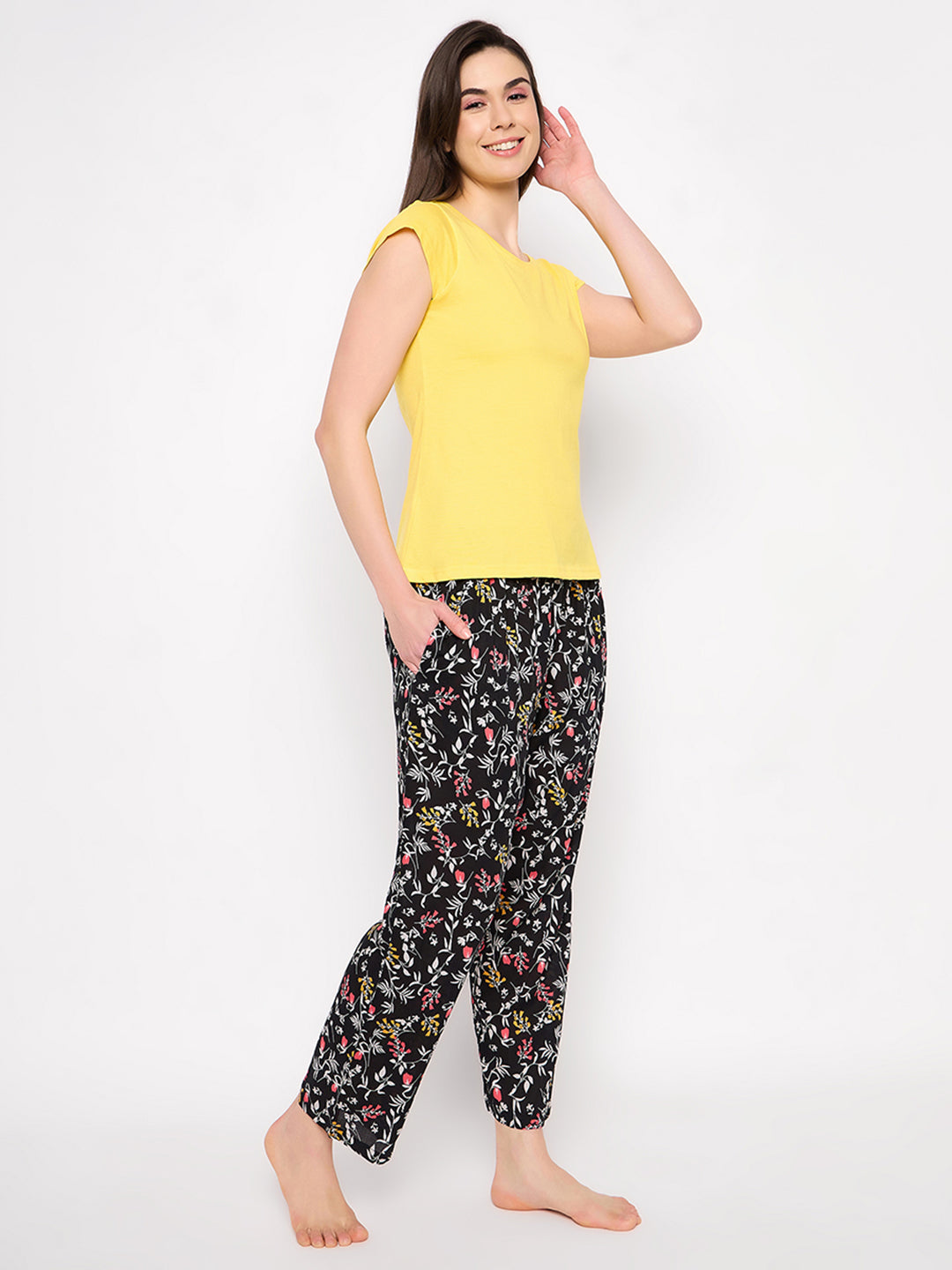 Yellow-Cotton-Chic-Cap-Sleeves-Basic-Top