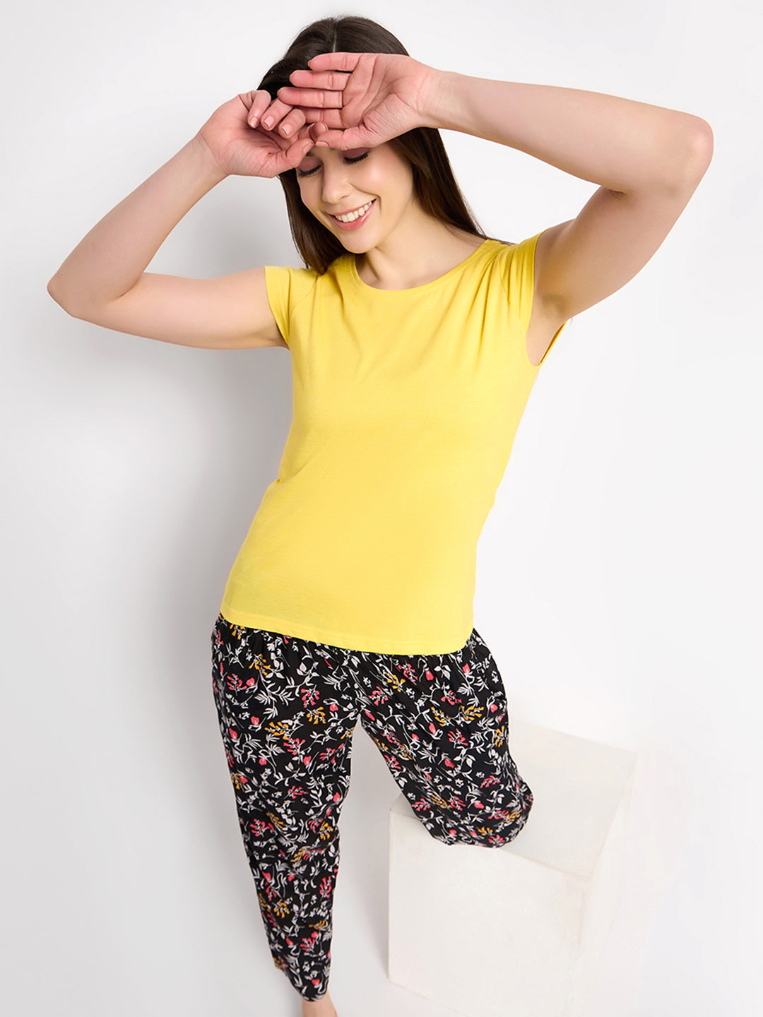 Yellow-Cotton-Chic-Cap-Sleeves-Basic-Top