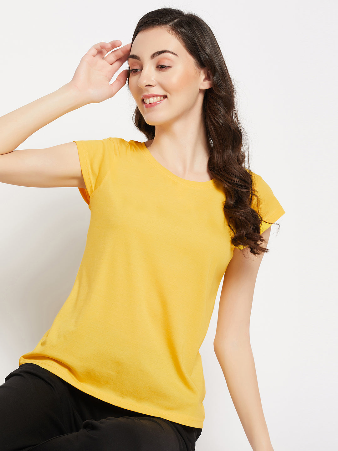 Yellow-Cotton-Chic-Cap-Sleeves-Basic-Top