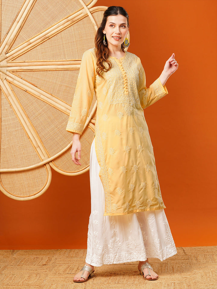 Yellow-Cotton-Embroidered-Chikankari-Kurta