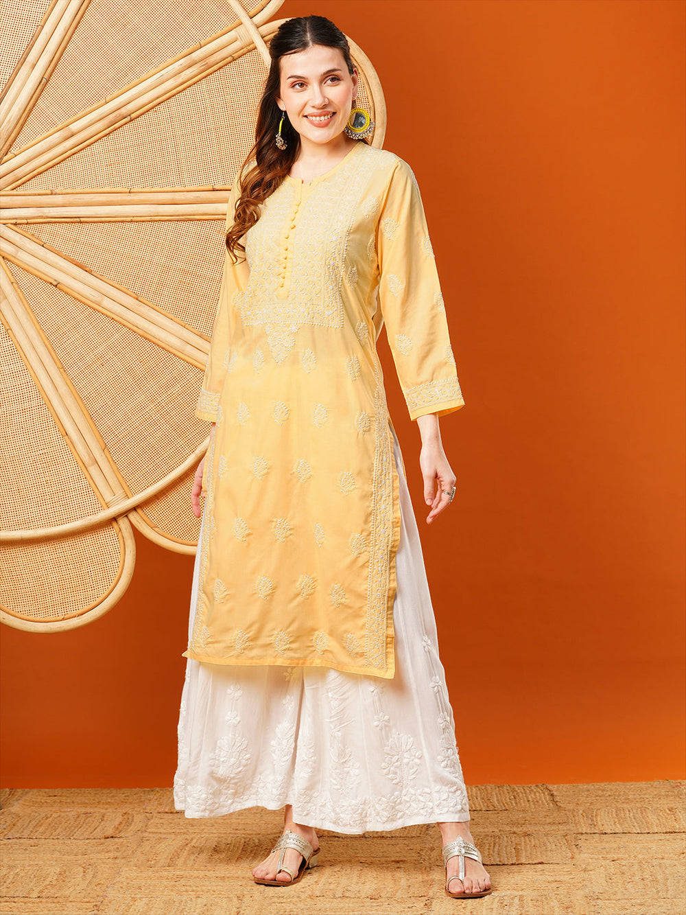 Yellow-Cotton-Embroidered-Chikankari-Kurta