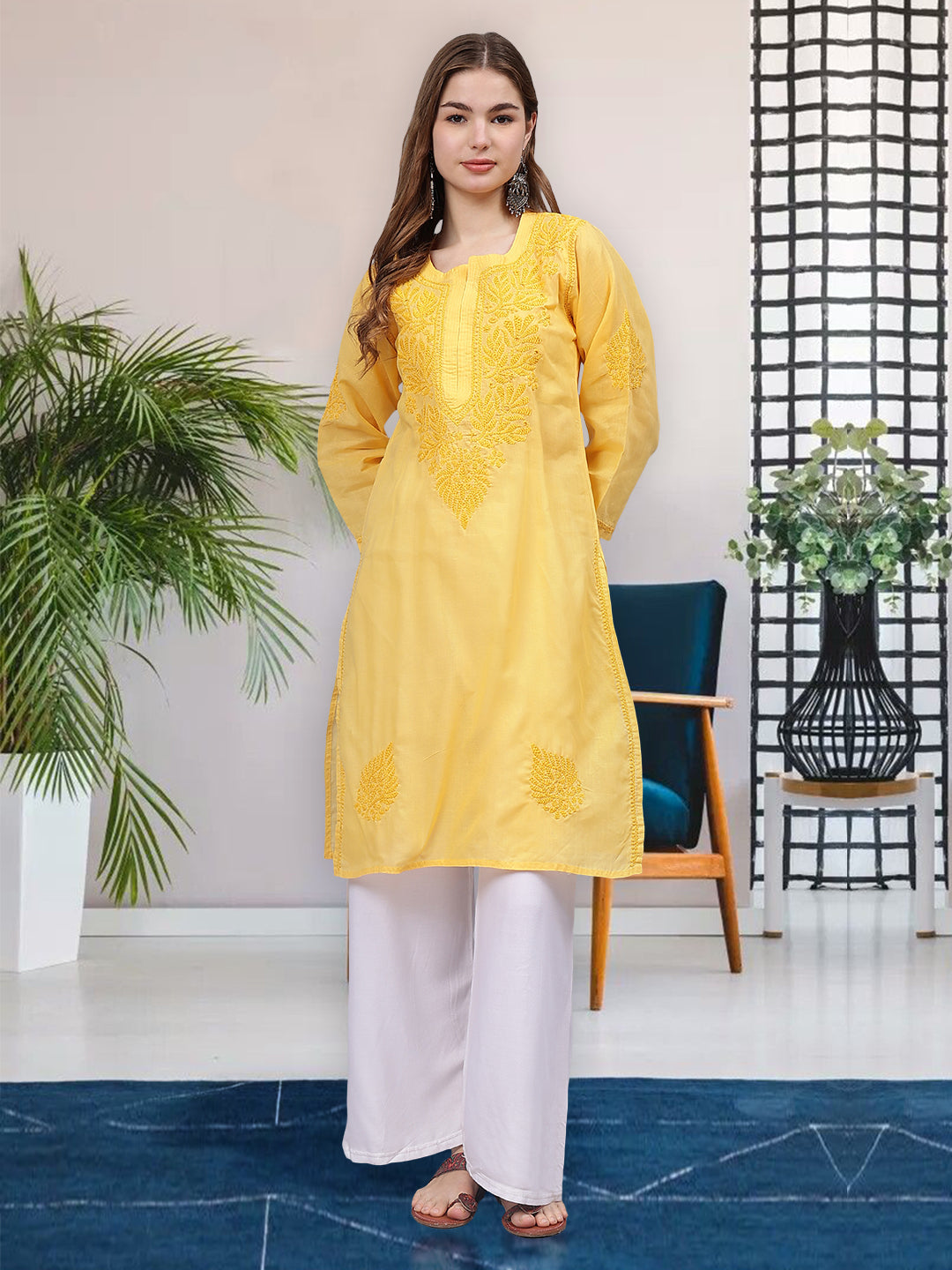 Yellow-Cotton-Embroidered-Chikankari-Kurti