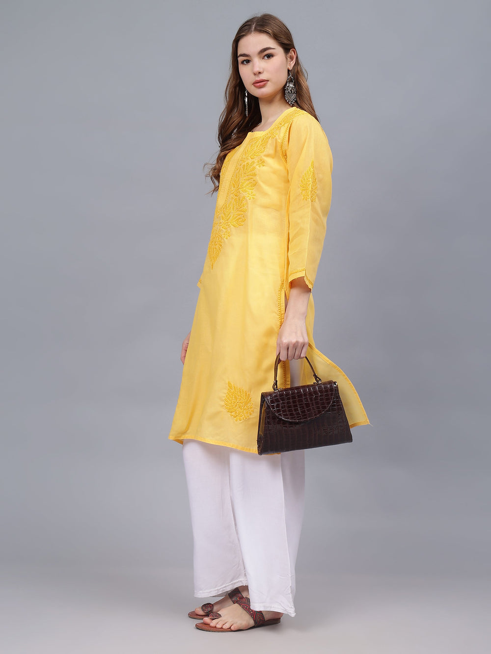 Yellow-Cotton-Embroidered-Chikankari-Kurti