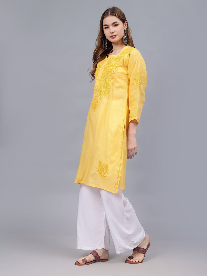 Yellow-Cotton-Embroidered-Chikankari-Kurti