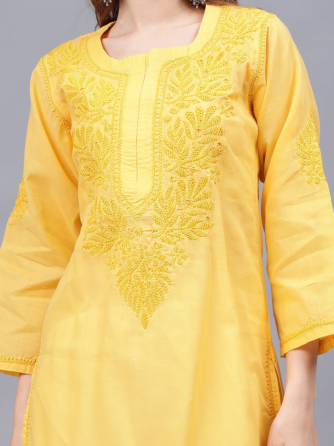 Yellow-Cotton-Embroidered-Chikankari-Kurti