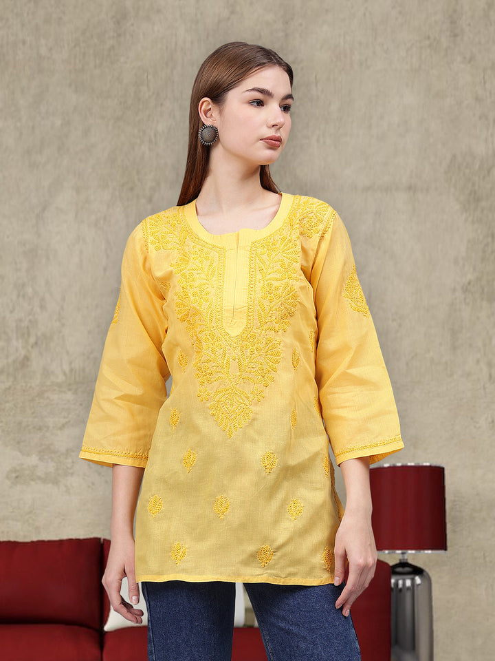 Yellow-Cotton-Embroidered-Chikankari-Tunic