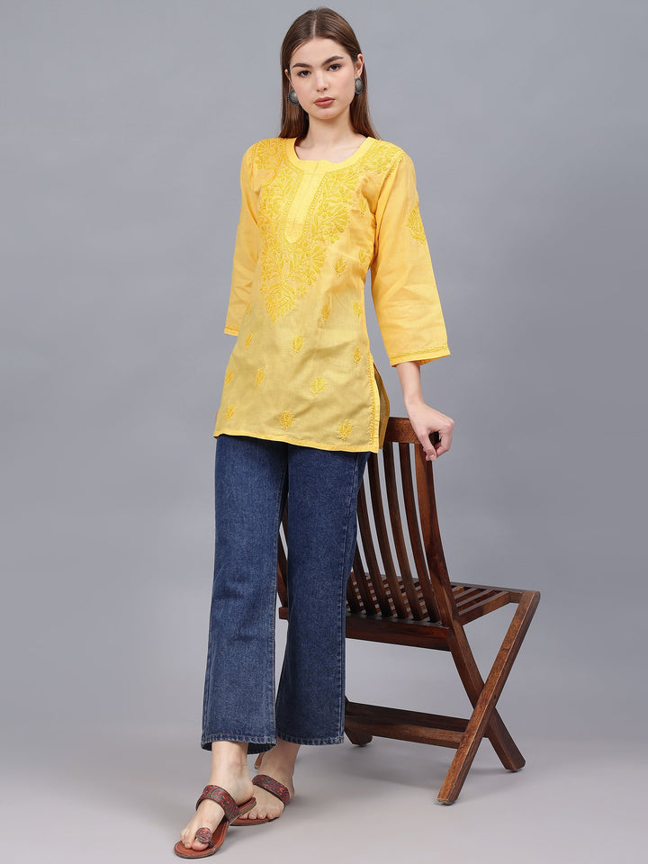 Yellow-Cotton-Embroidered-Chikankari-Tunic