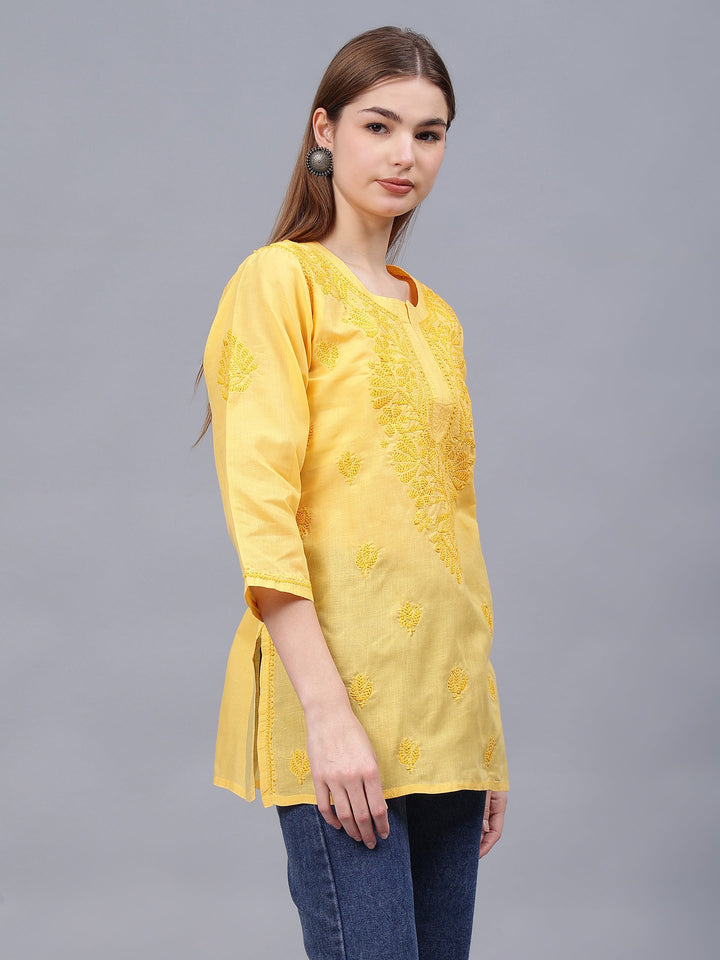 Yellow-Cotton-Embroidered-Chikankari-Tunic