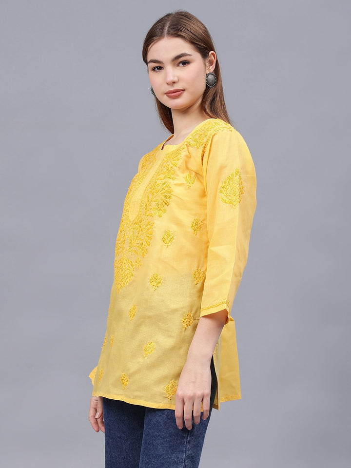 Yellow-Cotton-Embroidered-Chikankari-Tunic