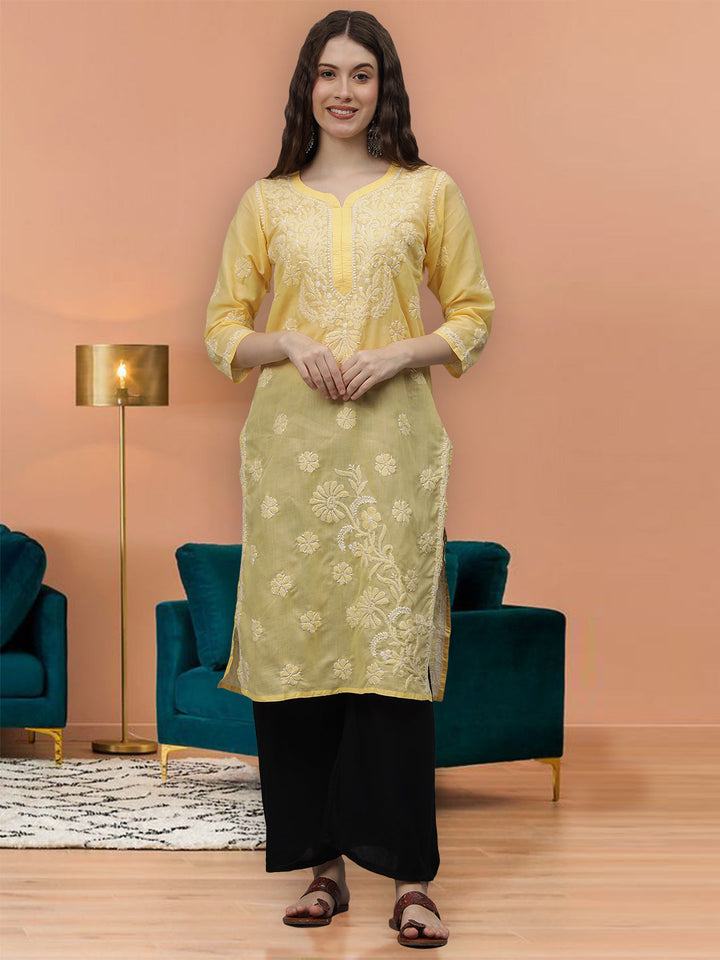 Yellow-Cotton-Embroidery-Chikankari-Kurta