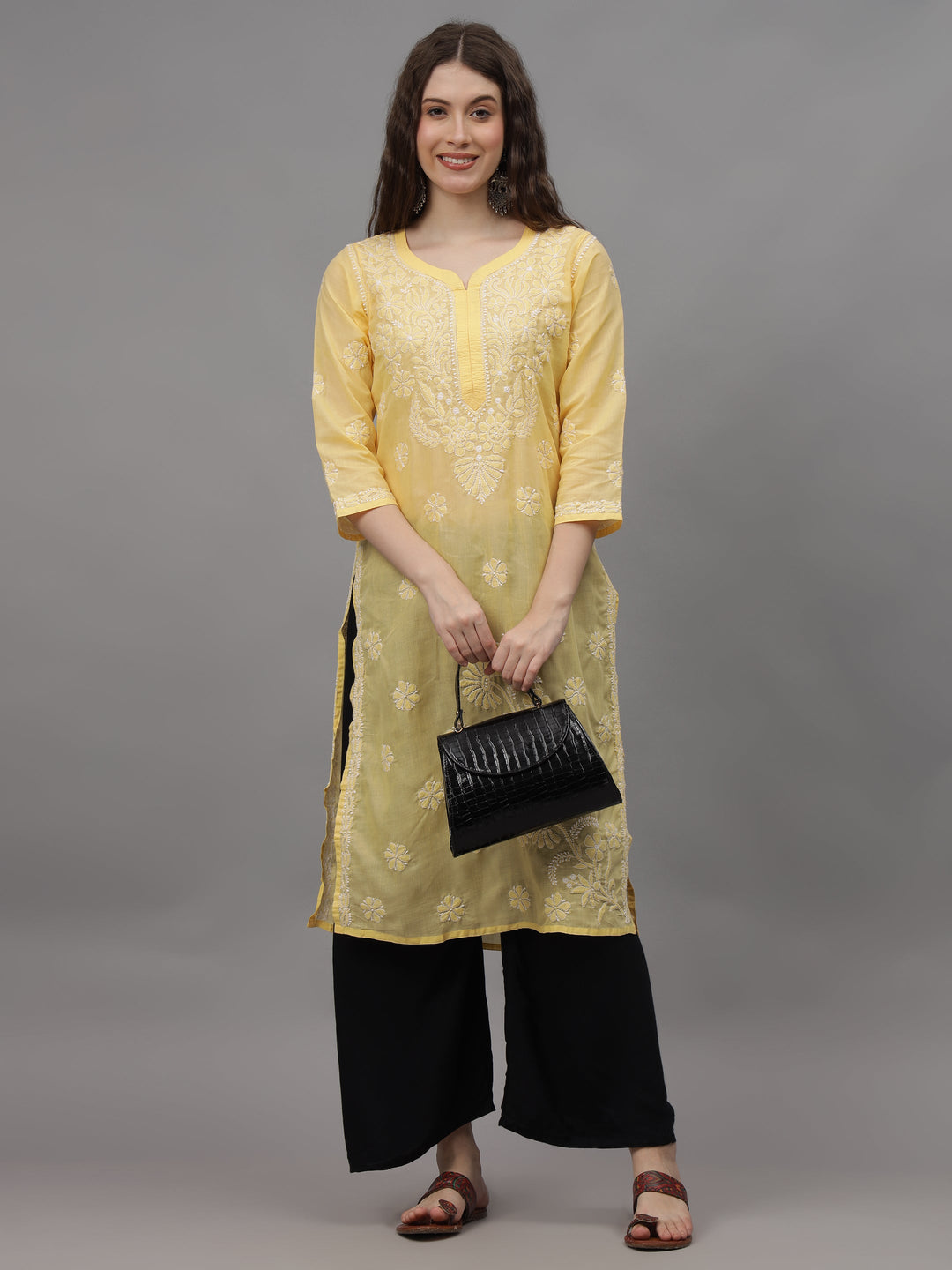 Yellow-Cotton-Embroidery-Chikankari-Kurta