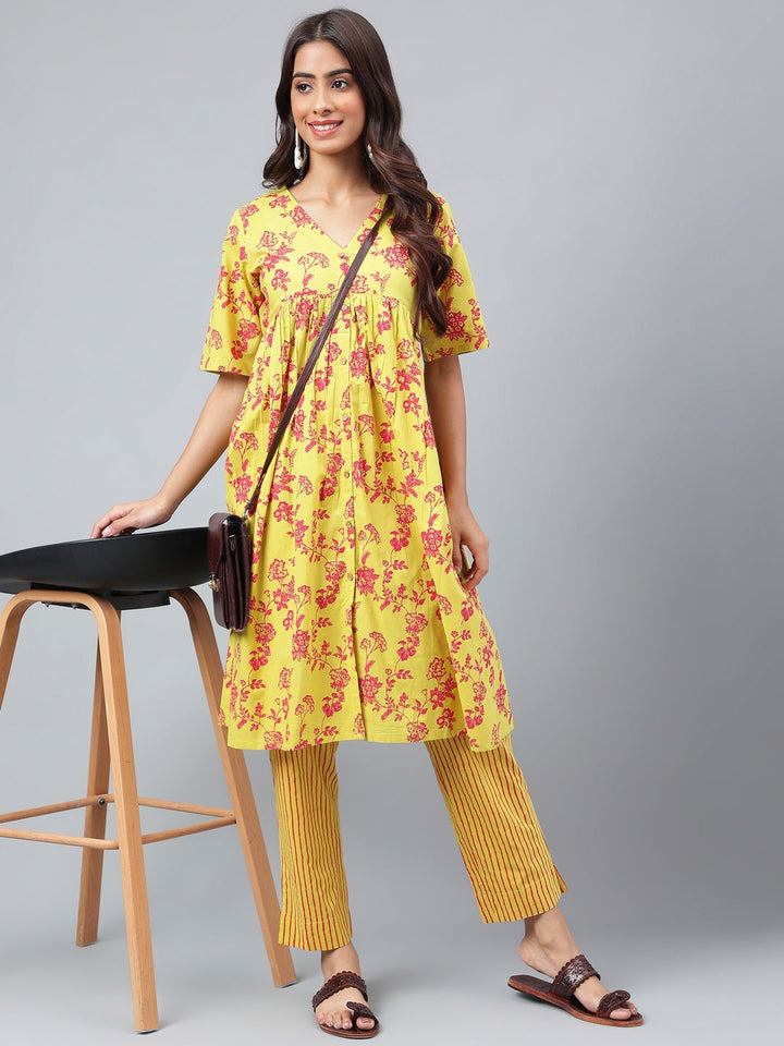 Yellow Cotton Floral Printed Casual Kurta Set