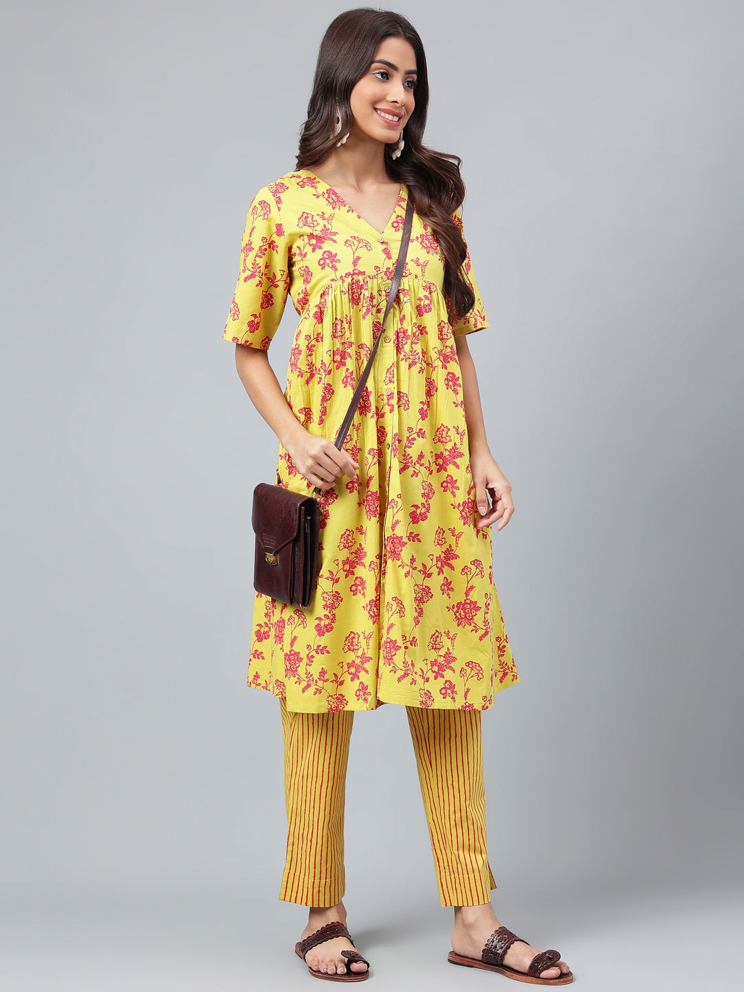 Yellow Cotton Floral Printed Casual Kurta Set