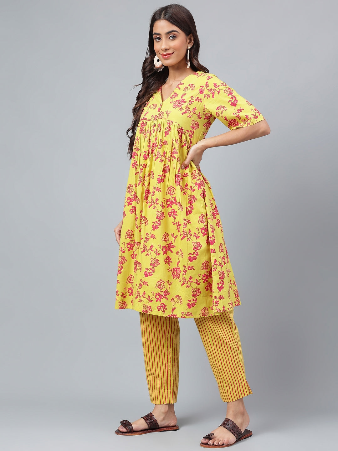 Yellow Cotton Floral Printed Casual Kurta Set