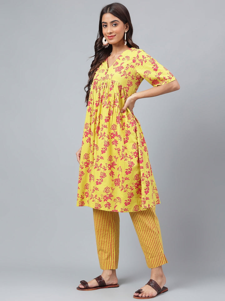 Yellow Cotton Floral Printed Casual Kurta Set