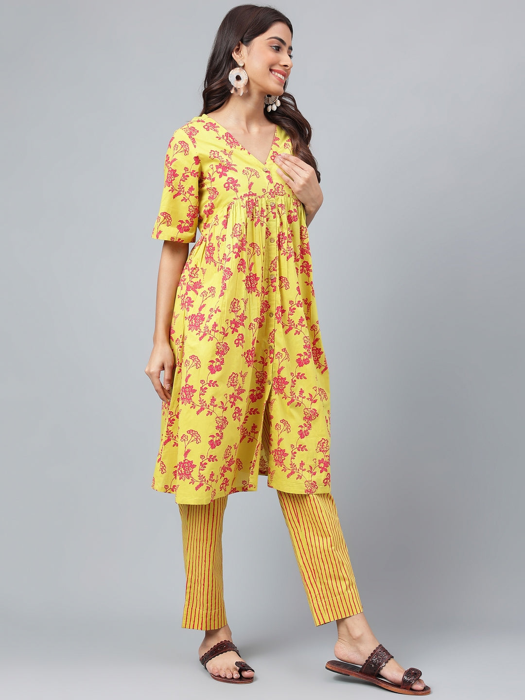 Yellow Cotton Floral Printed Casual Kurta Set