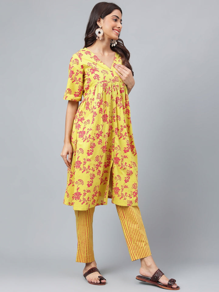 Yellow Cotton Floral Printed Casual Kurta Set