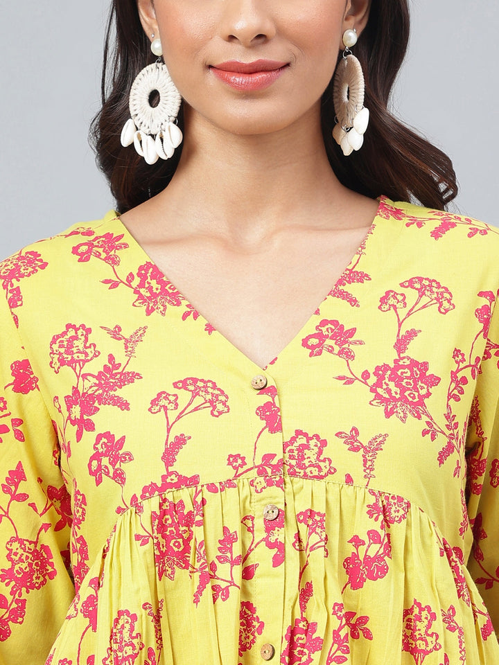 Yellow Cotton Floral Printed Casual Kurta Set