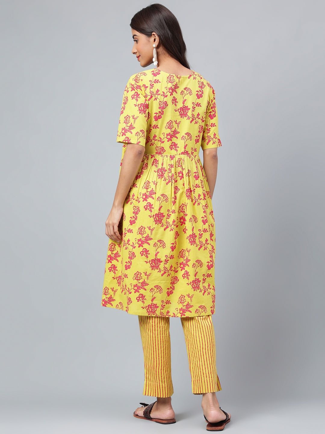 Yellow Cotton Floral Printed Casual Kurta Set