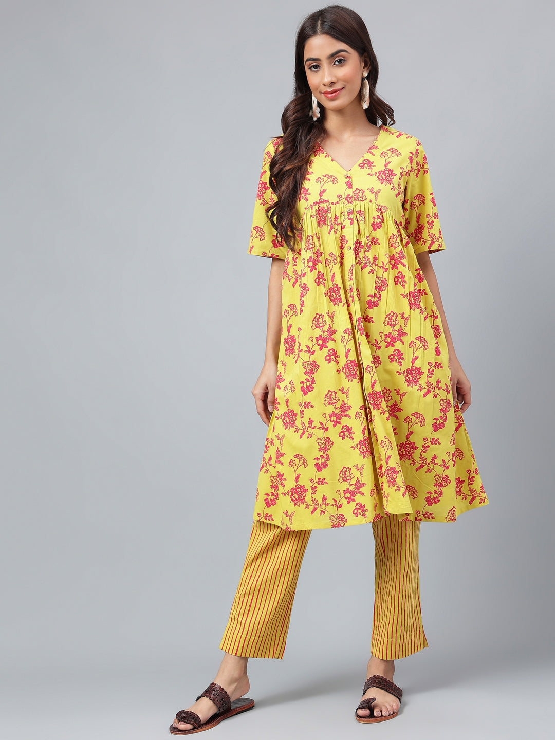 Yellow Cotton Floral Printed Casual Kurta Set