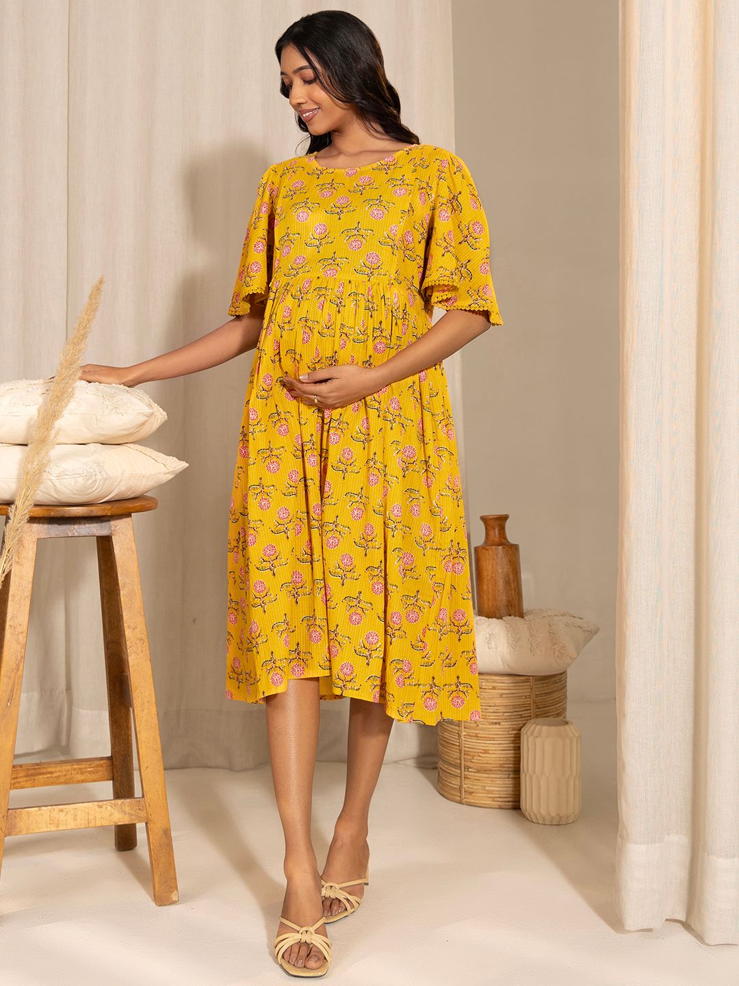 ZERESOUQ-Yellow-Cotton-Floral-Printed-Dress