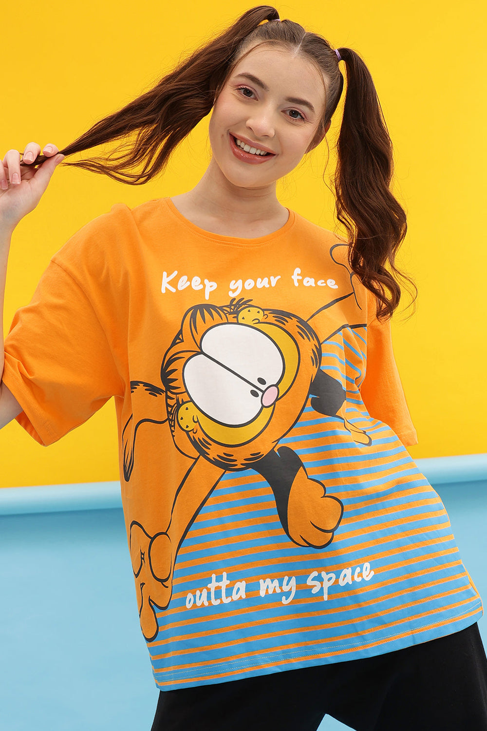 Yellow-Cotton-Garfield-Print-Oversized-T-Shirt