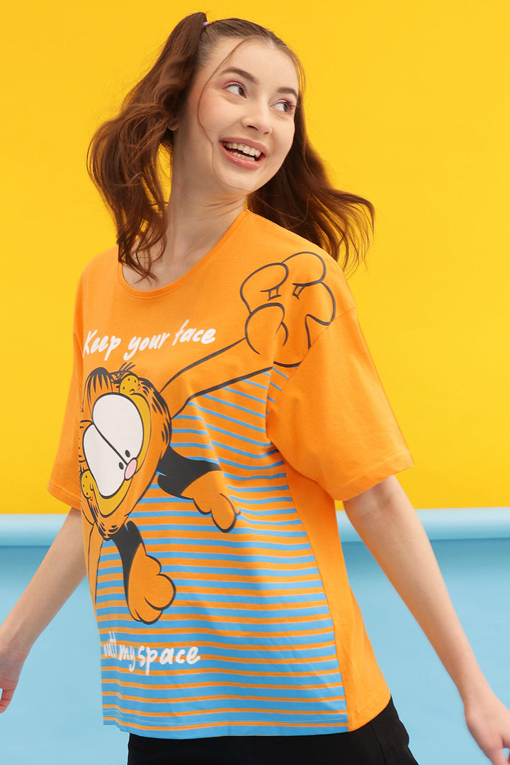 Yellow-Cotton-Garfield-Print-Oversized-T-Shirt