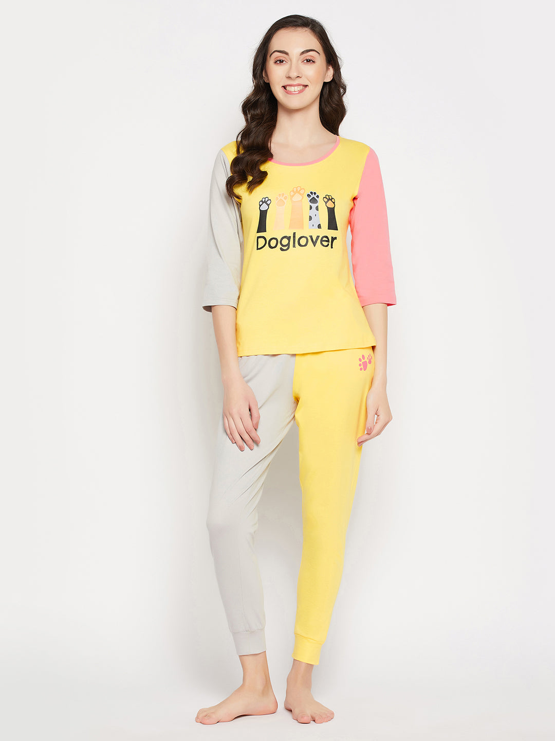 Yellow-Cotton-Graphic-&-Text-Print-Colourblocked-Top-&-Joggers-Set