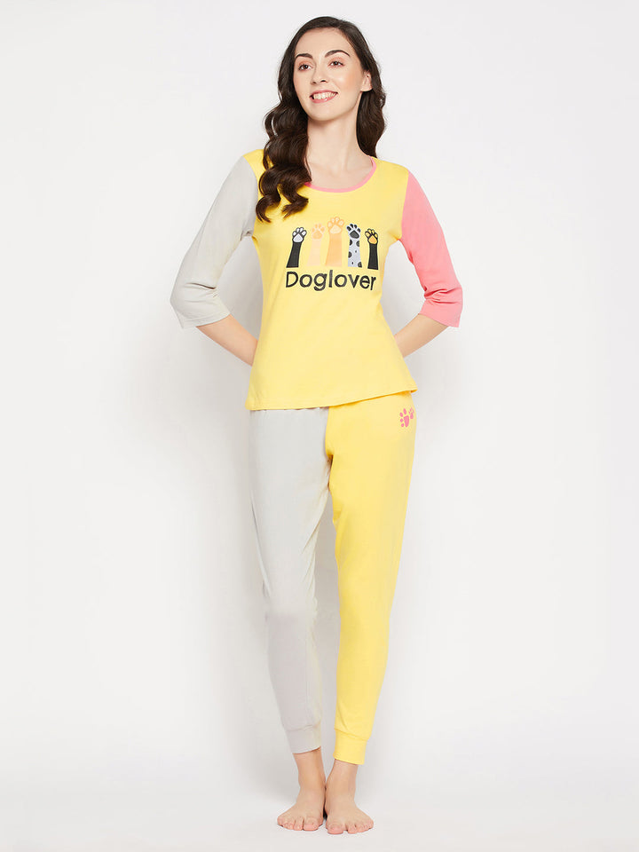 Yellow-Cotton-Graphic-&-Text-Print-Colourblocked-Top-&-Joggers-Set