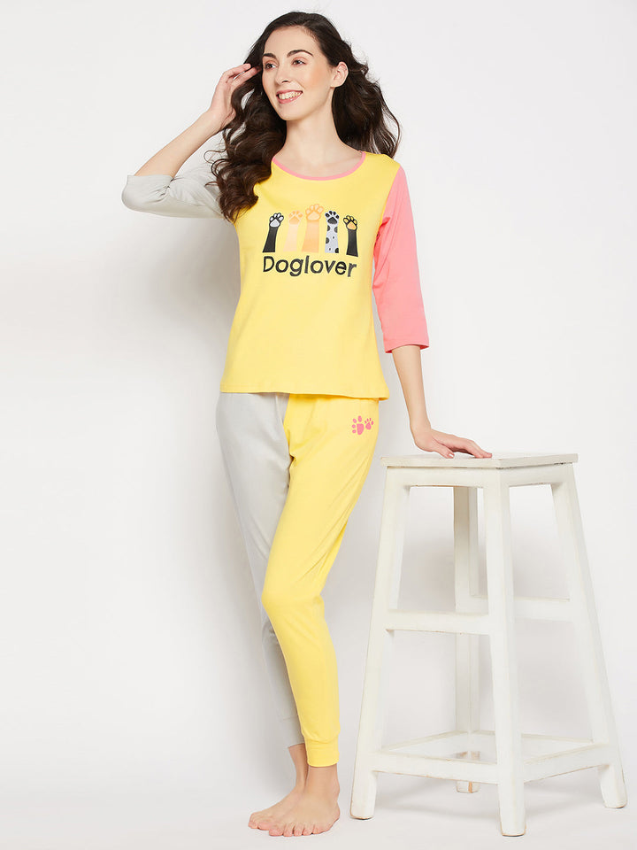 Yellow-Cotton-Graphic-&-Text-Print-Colourblocked-Top-&-Joggers-Set