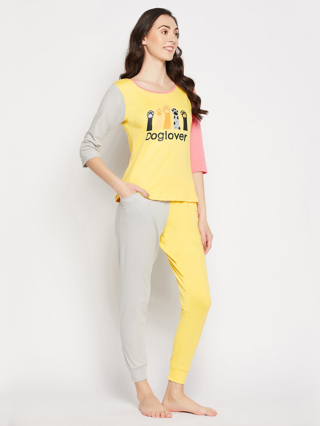 Yellow-Cotton-Graphic-&-Text-Print-Colourblocked-Top-&-Joggers-Set